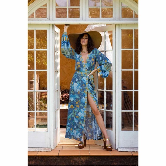 Nine Lives Bazaar Dresses & Skirts - Nine Lives Bazaar Allure Maxi Wrap Dress Size 10 Blue Floral Boho Long Sleeve